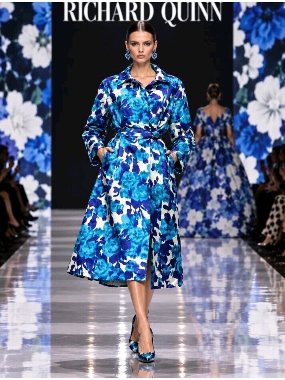 Richard Quinn Floral Print Trench Coat w/belt Blue Size 10 NWT $1550.00#W3